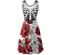 Ocean Plus Abito da donna con stampa digitale, senza maniche, per Halloween, con stampa digitale, Rose e scheletro, M