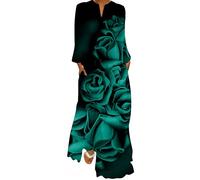 Ocean Plus Abito da Donna Primaverile ed Estivo con Gonna Lunga con Scollo a V Maniche Lunghe con Tasche e Stampa Floreale Ampia (5XL, Rose turchesi)