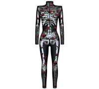 Ocean Plus Tuta da Donna con Scheletro di Halloween Stampa Digitale Taglio Sottile a Maniche Lunghe Monoblocco Collant (M, Scheletro di rosa rossa)