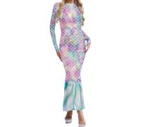 Ocean Plus Vestito da sirena lungo da donna, abito aderente a squame a maniche lunghe, abito da sera, costume da pesce, con gonna svasata, Sogno pastello, L