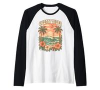 Ocean Vibes Retro Spiaggia Onda Ibisco Fiore Tramonto Costiero Maglia con Maniche Raglan
