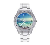 Ocean Waves Seychelles Island Beach in Sunset Orologi da uomo in acciaio inox cinturino analogico al quarzo orologio da polso business, Stile:, regular, Bracciale