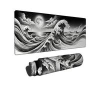 Ocean Waves - Tappetino per mouse da gioco, grande, design artistico nero e bianco, con bordo cucito, in gomma, antiscivolo, lavabile, per casa e ufficio, computer portatile, 30,5 x 81,5 cm