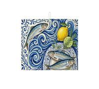 Ocean Waves - Tappetino scolapiatti per bancone della cucina, tappetino assorbente per scolapiatti a forma di pesce blu, in microfibra, per proteggere il bar, 40,6 x 45,7 cm