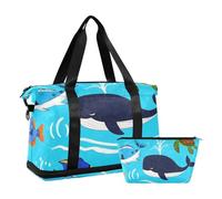 Ocean Whale Turtle Fish Blue Sea Grande borsa da palestra grande borsa da aeroporto con borsa da viaggio per viaggio set da 2 pezzi, Pesce tartaruga balena oceano mare blu, 1 size