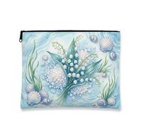 Oceanic Floral Makeup Bag, Conchiglie e Gigli della Valle Borse da Viaggio Cosmetici da Donna, Portatile Piccola Borsa in Tela con Cerniera Sacchetto di Cura Della Pelle Estiva Borsa Da Toilette