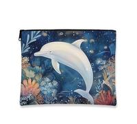 Oceanic - Trousse da viaggio con delfino e corallo, da donna, piccola borsa portatile in tela con cerniera, idea regalo da spiaggia, Blu, 7x9 Inch, Delfino