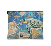 Oceanic - Trousse per il trucco, tartaruga e stella marina, borsa da viaggio vintage per donne, piccola borsa portatile in tela con cerniera, regalo da spiaggia per la cura della pelle, Blu, 7x9 Inch