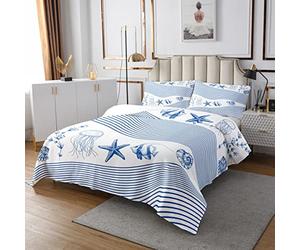 Oceano Mare Trapuntato Coperta Meduse Stelle marine Creatura Sealife Stripe Trapuntato Copriletto per Ragazzi Ragazze Bambino Blu Bianco Set di Coperture Formato 2 Pz170X230cm