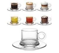 Oceano Set 6 Tazzine da Caffè in Vetro Trasparente con 6 Piattini Design Moderno a Pois in Rilievo Ideale per Espresso, Caffè macchiato, Marocchino, Macha Vetro Resistente al Calore 12Pz 75ml