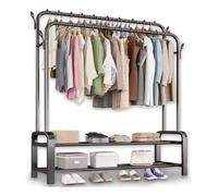 Oceano Stand Appendiabiti Doppio Appendiabiti da Terra Scarpiera Autoportante Resistente con 4 Ganci e 2 Ripiani Portascarpe Metallico Ingresso 110X150X50cm