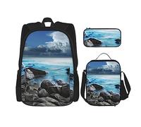 Oceano Versare sulle rocce costiere zaino borsa da viaggio personalizzata con borsa per il pranzo astuccio set di 3 pezzi, Nero , Taglia unica, Zaini Daypack