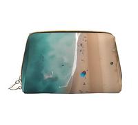 OCELIO Aerial View Of The Beach Borsa cosmetica portatile in pelle (grande), pochette in pelle con cerniera, borsa da viaggio per articoli da toeletta, borsa da viaggio, bianca, taglia unica, bianco,