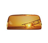 OCELIO Aircraft Plane At Sunset Leather Zipper Stereoscopic Pen Bag Colorful Stationery Bag Makeup Bag Storage Bag
