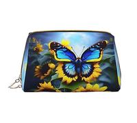 OCELIO Borsa cosmetica portatile in pelle con girasole e farfalla blu (grande), pochette in pelle con cerniera, borsa da viaggio per articoli da toeletta, borsa da viaggio, bianca, taglia unica,