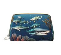 OCELIO Borsa cosmetica portatile in pelle con squali sotto il mare (grande), pochette in pelle con cerniera, borsa da viaggio per articoli da toeletta, borsa da viaggio, bianca, taglia unica, bianco,