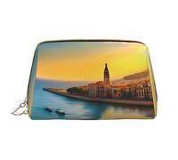 OCELIO Sunset In Barcelona - Borsa cosmetica portatile in pelle (grande), pochette in pelle con cerniera, borsa da viaggio, borsa da viaggio, bianca, taglia unica, bianco, Taglia unica