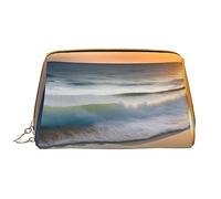 OCELIO Sunset Over The Waves Borsa cosmetica portatile in pelle (grande), pochette in pelle con cerniera, borsa da viaggio per articoli da toeletta, borsa da viaggio, bianca, taglia unica, bianco,