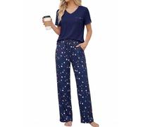 Ocextami Pigiama Donna Estivo Cotone Manica Corta e Pantaloni Lunghi | Set Due Pezzi con Top Scollo a V e Pantalone Largo con Tasche, Comodo per Dormire, Rilassarsi e Stare in Casa