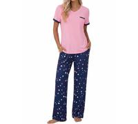 Ocextami Pigiama Donna Estivo Cotone Manica Corta e Pantaloni Lunghi | Set Due Pezzi con Top Scollo a V e Pantalone Largo con Tasche, Comodo per Dormire, Rilassarsi e Stare in Casa