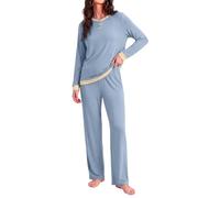 Ocextami Pigiama Donna Maniche Lunghe a Contrasto e Pantaloni con Tasche | Pigiami da donna in cotone morbido con girocollo con bottoni coulisse regolabile e tasche per la casa in autunno inverno