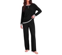 Ocextami Pigiama Donna Maniche Lunghe a Contrasto e Pantaloni con Tasche | Pigiami da donna in cotone morbido con girocollo con bottoni coulisse regolabile e tasche per la casa in autunno inverno