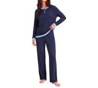 Ocextami Pigiama Donna Maniche Lunghe a Contrasto e Pantaloni con Tasche | Pigiami da donna in cotone morbido con girocollo con bottoni coulisse regolabile e tasche per la casa in autunno inverno