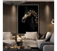 OCRTN Quadro su Tela per Soggiorno Poster Cavallo Nero e Oro creatività Decorazione della Stanza Lusso Leggero Stampa Animale Pittura a Olio - 60x120cm Senza Cornice