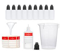 OCTOPUS 10 bottiglie in plastica LDPE da 50 ml con coperchio nero e punta di dosaggio + imbuto + misurino da 150 ml, bottiglie per e-liquid, inchiostri alcolici e molti liquidi