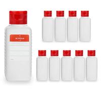 Octopus 10 flaconi di plastica 100 ml, bottigliette di plastica HPDE con Tappo Flip Top Rosso, Bottiglie con Tappo a Cerniera Rosso, flaconi Quadrati con 10 Etichette adesive