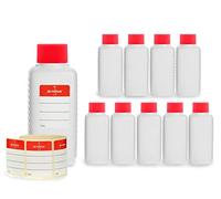 Octopus 10 x 100 ml Bottiglie in plastica, Bottiglie in plastica HDPE con Tappi a Vite in Rosso, Bottiglie vuote con coperchi a Vite in Rosso, Bottiglie quadre con 10 Etichette compilabili Incluse