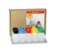 Octopus 10 x 50 ml bottiglie in plastica, bottiglie in plastica HDPE con tappi a vite variopinti, bottiglie vuote con coperchi a vite colorati, bottiglie quadre con 10 etichette compilabili incluse