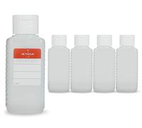 Octopus 5 flaconi di plastica 100 ml, bottigliette di plastica HPDE con tappo flip top bianco, bottiglie con tappo a cerniera bianco, flaconi quadrati con 5 etichette adesive