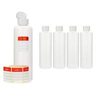 Octopus 5 flaconi di plastica 250 ml, bottigliette di plastica HPDE con tappo flip top bianco, bottiglie con tappo a cerniera bianco, flaconi rotonde con etichette adesive