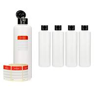 Octopus 5 flaconi di plastica 250 ml, bottigliette di plastica HPDE con tappo flip top nero, bottiglie con tappo a cerniera nero, flaconi rotonde con 5 etichette adesive