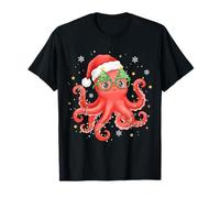 Octopus Occhiali Cappello di Babbo Natale Natale Luce Oceano Animale Maglietta