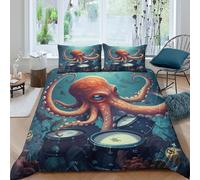 Octopus playing drumsSet Di Copripiumino morbida 3 Pezzi stampa di 3D cerniera nascosta Underwater fantasy copripiumino con federa soffice for bambini adulti ragazzi Double（200x200cm）