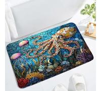 Octopuses Underwater World Stained Glass Jellyfish Ocean Teal Blue Sea Creature Nautical Modern Coastal Beach Coral Seashell Zerbino Asciugapassi Zerbino Ingresso Tappeti Da Bagno 40X60Cm