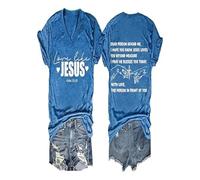 Ocuuer Amore Come Jesus Shirt V Neck Christian Gift Tops for Women (Blue XL)