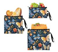 ODAWA 3 sacchetti riutilizzabili per snack, motivo farfalla, blu, senza BPA, per insalata, frutta, sandwich, lavabili, senza BPA