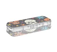 ODAWA Astuccio a doppio piano con teschi colorati e stelle, per adolescenti, 21,1 cm di lunghezza x 7,6 cm di larghezza x 4,8 cm di altezza