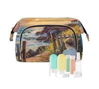 ODAWA Beauty case portatile di grande capacità con gatto che gioca nell'erba con set di accessori da 9 pezzi, borse da toilette per donne in viaggio, Faro Painting03, Taglia unica