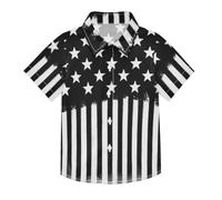 ODAWA Camicia da campeggio con colletto per bambini a maniche corte con bottoni a righe nere con stelle, Stelle Strisce Nere, 7-8 Anni