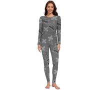 ODAWA Set da notte da donna a maniche lunghe con treno a macchina vintage, colore grigio, set da salotto invernale comodo con pantaloni elasticizzati per dormire a casa relax