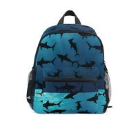ODAWA Zaini per bambini con squali, blu oceano, con targhetta per il nome, con cinghia toracica, per la scuola, Squali, blu, oceano, gradienti, Small
