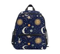 ODAWA Zaini per bambini con targhetta per nome, vintage, con sole, luna e stelle, zaino scuola elementare con cinturino sul petto, Vintage Sole Luna Stelle, Small