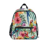 ODAWA Zaino per la scuola per bambini con pappagalli tropicali floreali verdi da 30,5 cm per ragazzi ragazze zaino per bambini con etichetta nome, Pappagalli tropicali floreali verdi 2, Small