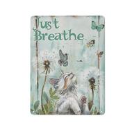 ODHHGDF Targa rustica in metallo con scritta "Just Breathe", decorazione da parete, motivo: dente di leone, tarassaco e gatto, decorazione da parete rilassante con tarassaco, 30,5 x 40,6 cm