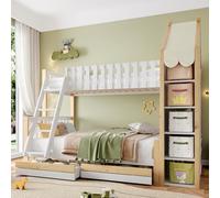 odikalo Letto a Castello Bambini 90 x 200cm,140 x 200cm, Lettini Bambini, Lettino Montessori, Scala con Contenitore, 2 Cassetti, Finitura, Bianca+Naturale (Materasso non Incluso)