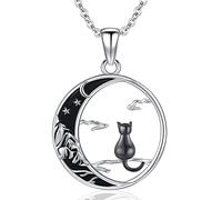 Odinstone Collana con gatto nero per Donna, Ciondolo con Gatto Sulla Luna in Argento 925, Gioielli con Animali, Regali per Donne Amanti dei Gatto